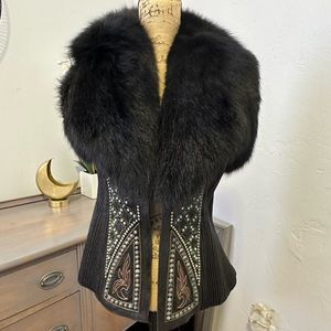 Kippys M black fox fur and leather vest with studs and Swarovski crystals